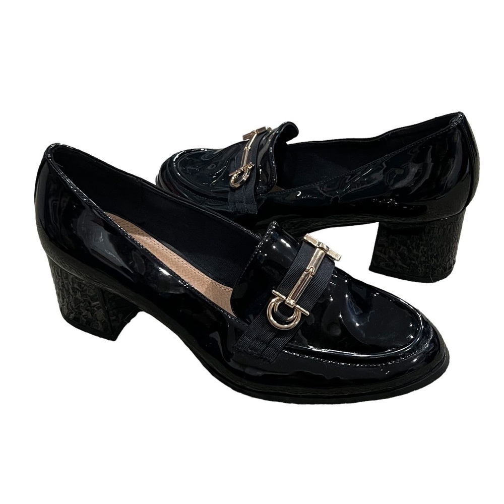 ASOS Black Patent Snaffle Detail Block Heel Loafers Size 7 Women's